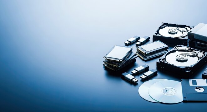 A collection of computer hardware and software on a blue background.