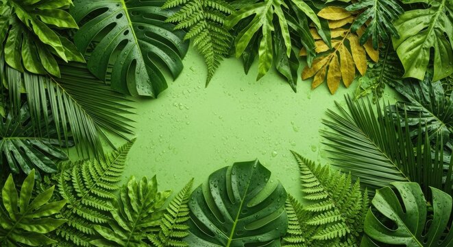Tropical leaves and ferns on a green background with water droplets.