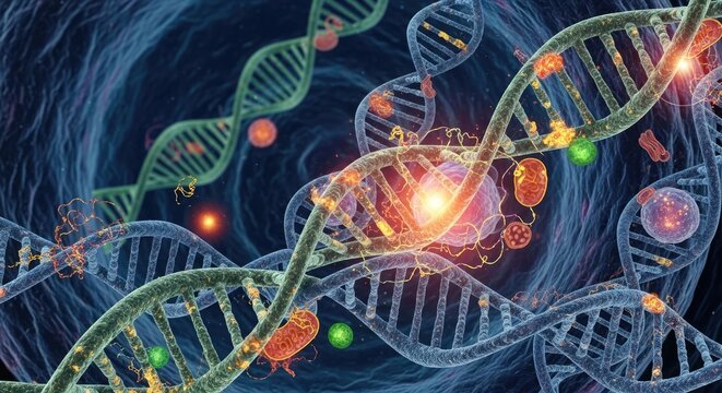 DNA strands and proteins in a biological cell. - Powered by Adobe