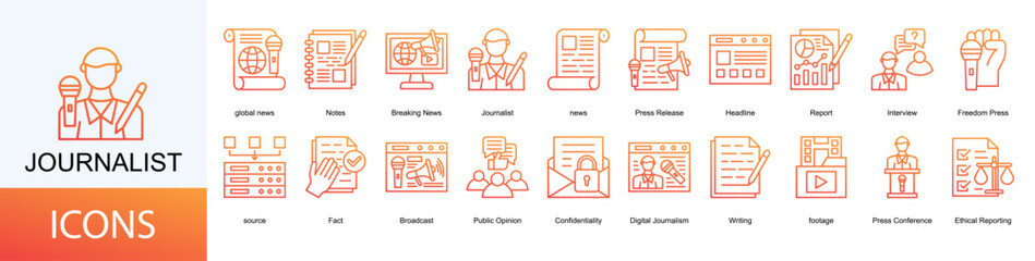 Journalist icon collection set. Containing global news, Notes, Breaking News, news, Press Release, Headline, Report, Interview icon