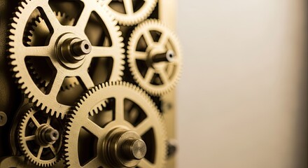 A close-up of a mechanical gear system with golden gears and metallic components against a white background.