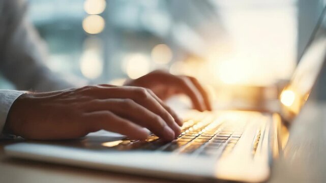 Closeup of hands typing on a laptop keyboard in a modern office with sunlight streaming through large windows. Professional working environment highlights productivity and digital communication