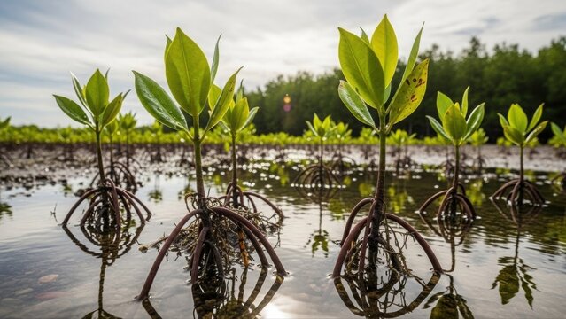 Young mangrove seedlings growing in shallow coastal water with bright green leaves and arching roots under sunlight. - Powered by Adobe