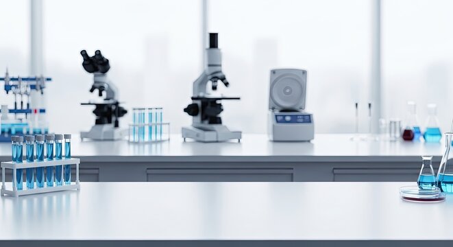 A laboratory bench with a microscope, test tubes, and a centrifuge in the background.
