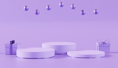 Three empty round pastel purple podiums with christmas ornaments and gift boxes mockup. 3D rendering