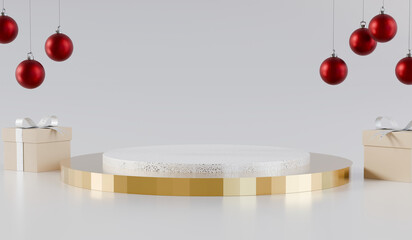 Glitter gold and white round podium with red christmas balls and beige gift boxes. 3D rendering