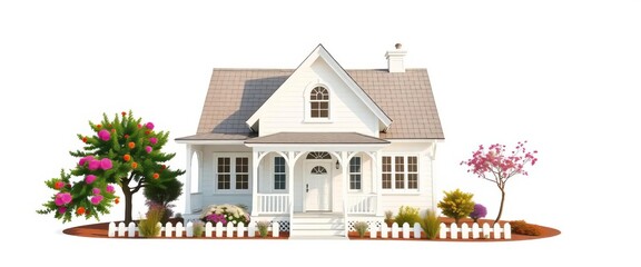 A charming white house isolated on a pure white background,  architecture,  graphic