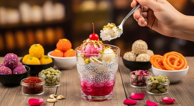 A colorful and delicious assortment of traditional Indian sweets surrounding a glass of falooda dessert.
