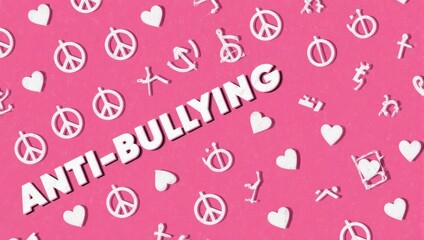 A pink background with scattered peace symbols and hearts. White text reads "ANTI-BULLYING