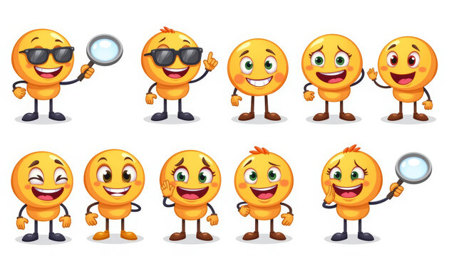 Smiley emoji magnifying glass headset microphone glasses happy cartoon yellow character cheerful