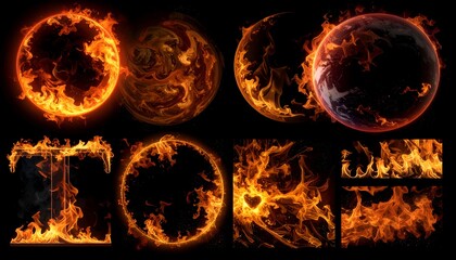 Composite image of fire elements spheres, frames, and abstract shapes, all ablaze