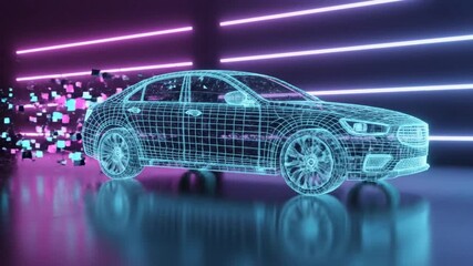 Digital representation of a modern sedan car, highlighting the futuristic technology and design aspects with neon lighting and digital effects - Powered by Adobe