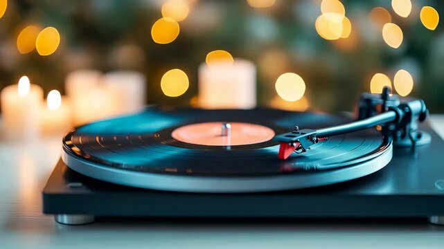 Spinning vinyl record player with bokeh lights: nostalgic music mood
