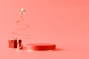 Coral red product podium with abstract christmas tree ribbon golden star and gift box. 3D rendering