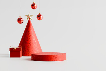 Red glitter podium with cone christmas tree golden star and hanging ornaments mockup. 3D rendering