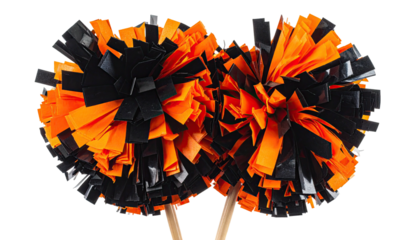 Two black & orange pom-poms, close-up, sports equipment