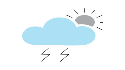 A minimalist weather scene featuring a large blue cloud, a gray sun peeking from behind, and sharp lightning bolts with a hint of rain, conveying a changing sky mood