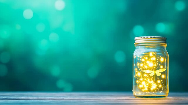 Glowing fireflies transform a jar into a magical lantern amidst enchanting bioluminescent display