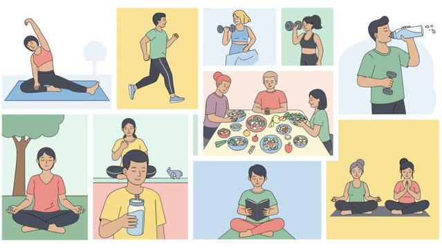 A collage of people engaging in various healthy lifestyle activities like exercise, meditation, healthy eating, and hydration.