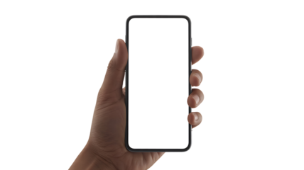  Hand holding smartphone with blank white screen for app mockup and advertising use isolated on transparent background
