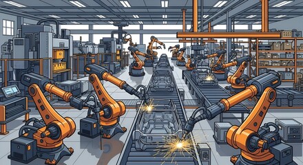 Automated automotive production line: robotic arms welding car chassis in factory