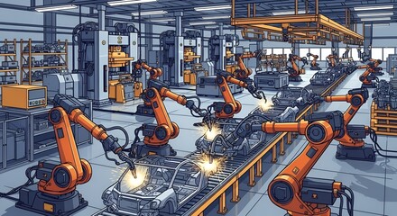 Automated Car Assembly Line with Robotic Arms Welding Car Frames in Factory