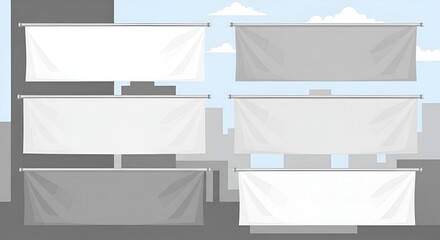 Blank white and gray canvas banners hanging on buildings in an urban setting