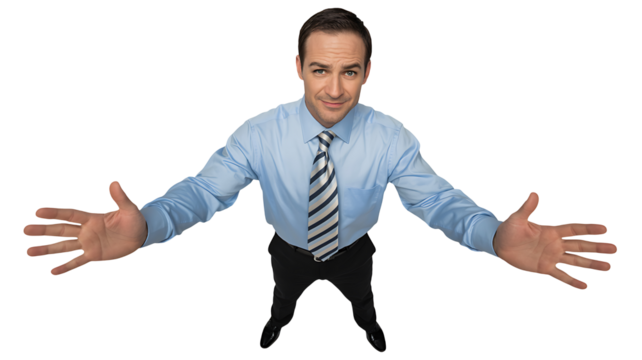 Businessman open arms welcome gesture presentation invitation corporate business man portrait isolated on transparent background - Powered by Adobe