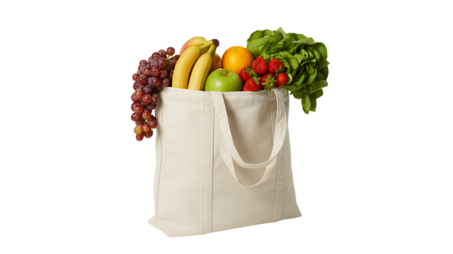 Fresh produce in reusable grocery bag: healthy fruits and vegetables for balanced diet shopping trip isolated on transparent background - Powered by Adobe
