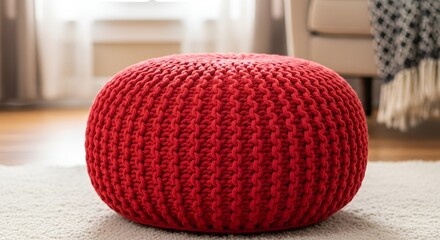 Close-up of a cozy red knitted pouf adding a touch of warmth to any living space