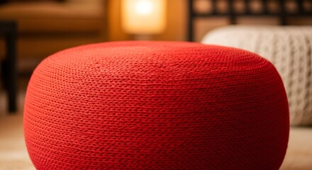 Close-up of a vibrant red knitted pouf showcasing texture and comfort interior design