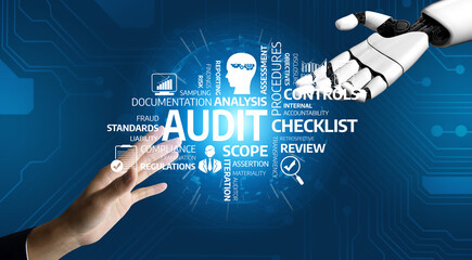 This image illustrates the collaboration between human and robotic hands in the audit process, embodying the integration of technology in modern business practices. Tessel