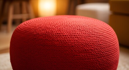 Close-up of a Vibrant Red Knitted Pouf, Creating a Cozy and Inviting Atmosphere
