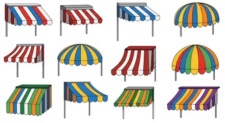 Collection of colorful shop awnings and canopies in various shapes and designs