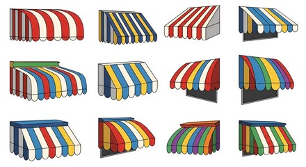 Collection of colorful striped awnings for shops and marketplaces illustration