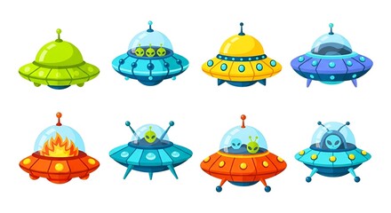 Colorful Cartoon UFO Collection with Cute Aliens in Various Designs and Styles