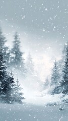 Obraz premium Soft winter snow background with blurred pine trees and gentle falling snow creating bright clean central copyspace without any text
