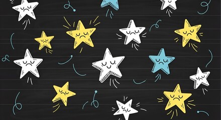Cute stars pattern on black background, whimsical design with happy and sad expressions