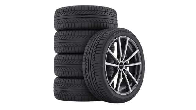 Explore premium car tires and wheel set for enhanced performance and safety on the road today isolated on transparent background