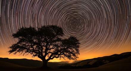 Enchanting celestial dance: Star trails over the solitary tree in the valley
