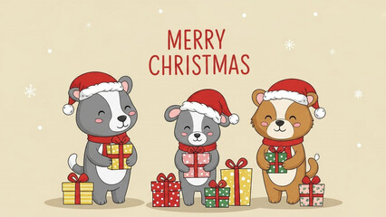 Adorable cartoon bears celebrating a joyful Christmas with gifts and festive holiday cheer, perfect for seasonal cards and family greetings