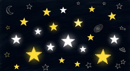 Hand-Drawn Celestial Night Sky with Stars, Moon and Galaxy for Children