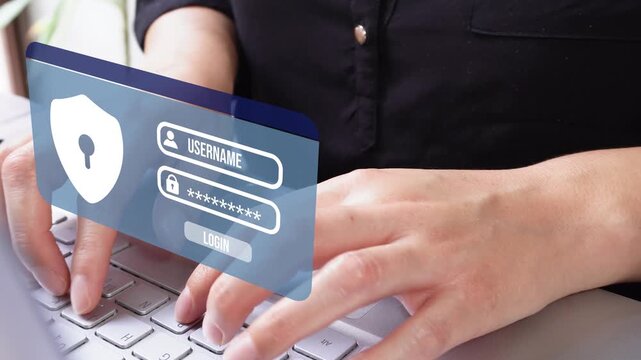 Close-up shot of a businesswoman working on her computer with a login interface animation