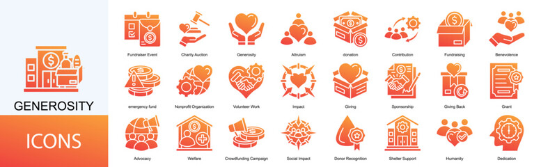 Generosity icon collection set. Containing donation, Contribution, Fundraising, Benevolence, emergency fund icon