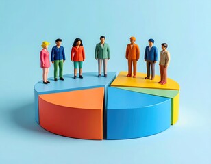 Minifigs stand atop a colorful segmented 3D pie chart