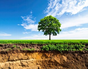 Tree over soil cross-section, green field, blue sky