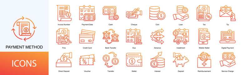 bill and payment method icon collection set. Containing Invoice Number, Payment Date, Cash, Cheque, Coin, Loan, Tax icon