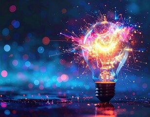 Glowing lightbulb with colorful particle explosion