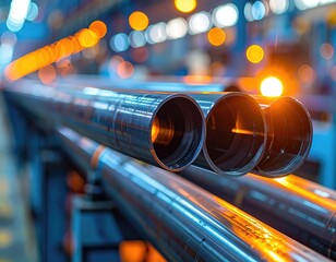 Metal pipes on rack in factory, blurred lights above