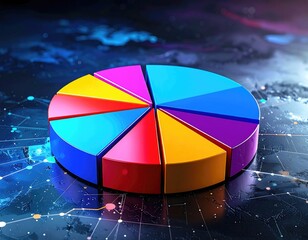 Colorful, multi-section pie chart on digital grid